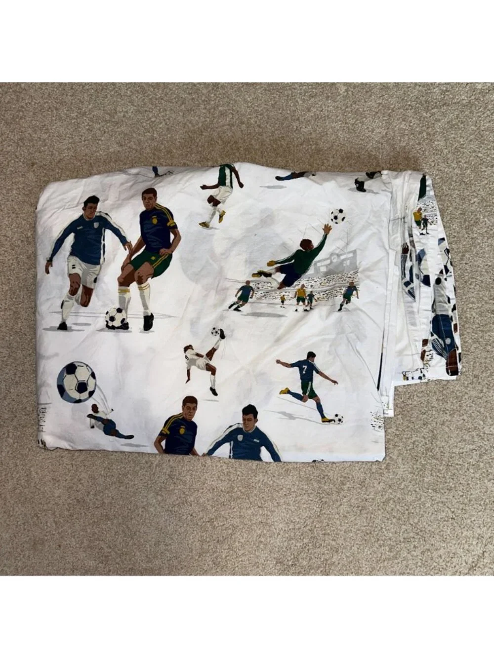 Pottery Barn Kids Full Size Flat Sheet Soccer Futbol Boys Sports Bedding Blue